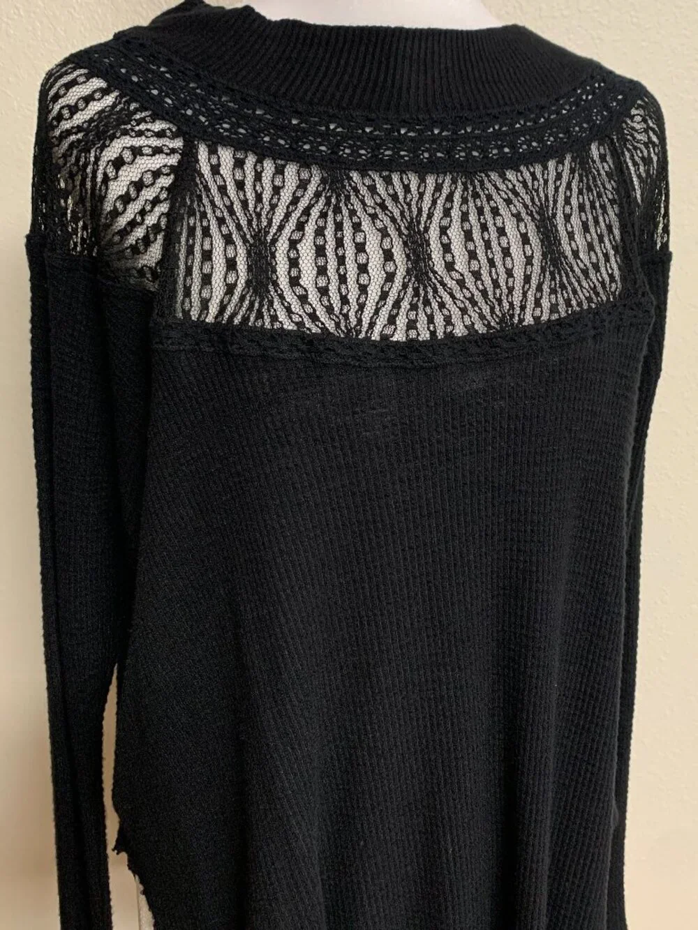 Free People Spring Valley Top XS Black Waffle Knit Lace Yoke Boho